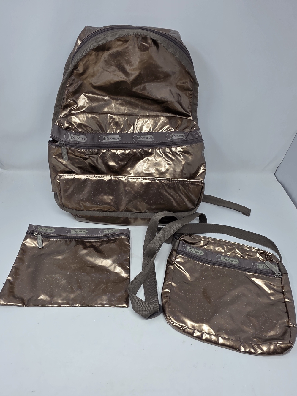 LeSportsac Metallic Bronze Glitter 3 Pc Set Backpack Crossbody Bag Pouch